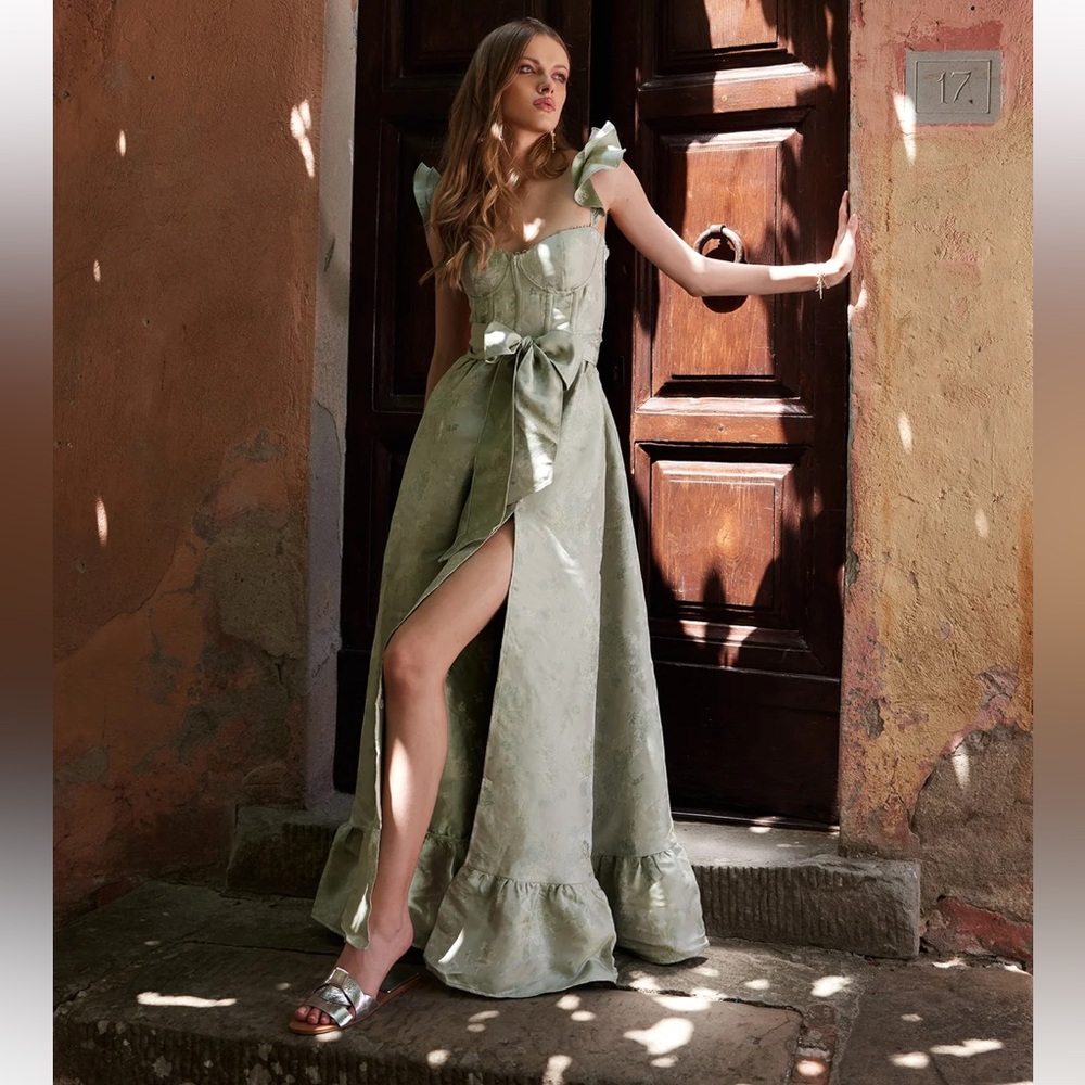 V. Chapman Veronica Dress in Sage Windsor Brocade